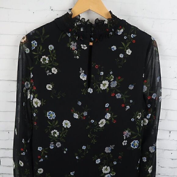 H&M BLACK FLORAL LONG SLEEVE MOCK NECK MIDI SHIFT DRESS SIZE 4 - Picture 8 of 9